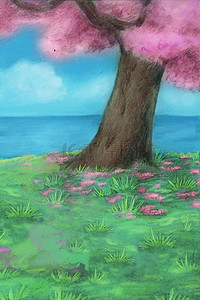 小草花朵背景图片_唯美绿色粉色大树小草花朵自然梦幻背景图