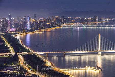 浙江广东摄影照片_滨江夜晚晚上滨江钱塘江夜景摄影图配图