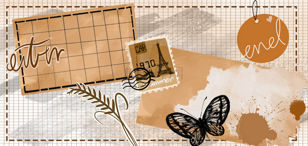 昆虫邮票背景图片_复古手账复古拼贴