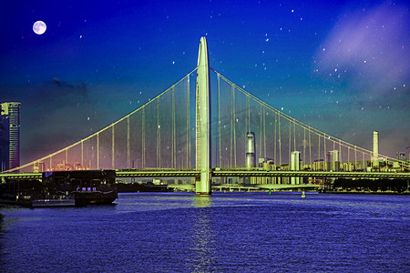 广州珠江猎德大桥月亮照耀摄影图配图