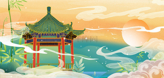 中国风古风建筑背景图片_古风山水中国风海报背景