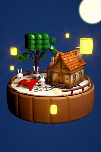 玉兔形象背景图片_中秋3D月饼玉兔卡通形象C4D背景