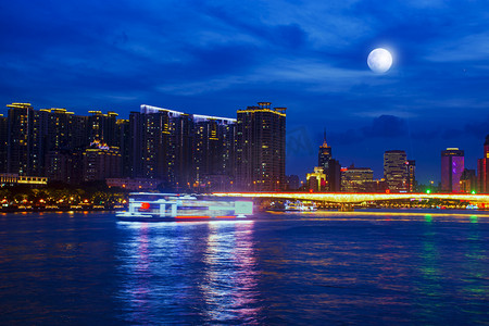 中秋节促销海报摄影照片_广州珠江城市建筑夜景摄影图配图