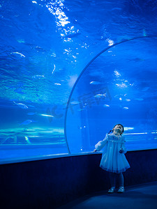 文艺摄影照片_室内夏天小女孩海底隧道抬头看摄影图配图