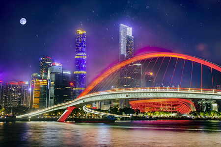广州珠江海信步行桥海心天台月夜摄影图配图