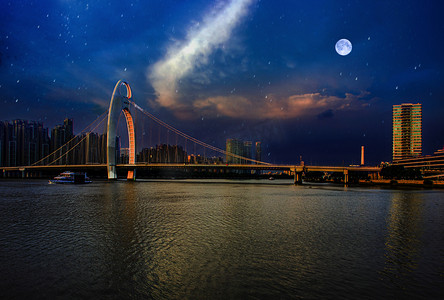 珠江摄影照片_广州珠江猎德大桥城市月夜摄影图配图