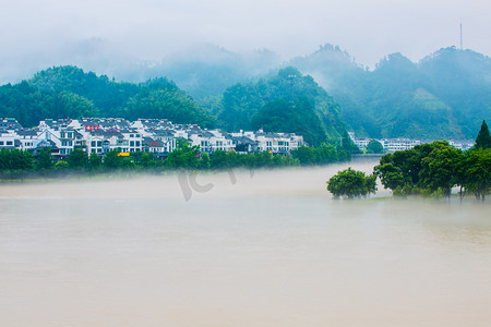 涨摄影照片_洪水抗洪照片梅雨季节洪水场景户外高视角摄影图配图