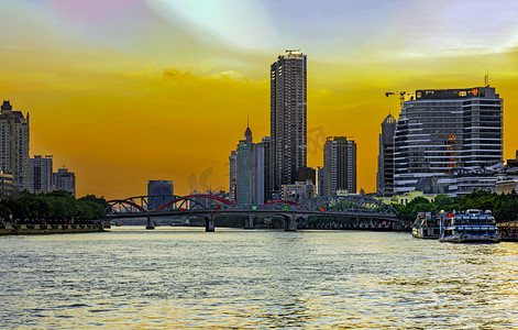 海珠桥夜景摄影照片_广州珠江海珠桥高架桥晚霞摄影图配图