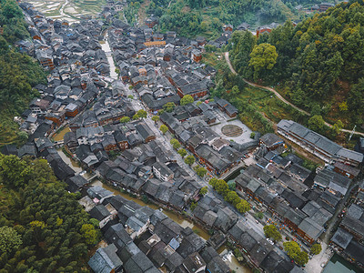 城市中午贵州肇兴侗寨风光航拍石板路无人机摄影图配图