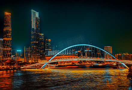 广州珠江海心天台海心步行桥夜景摄影图配图