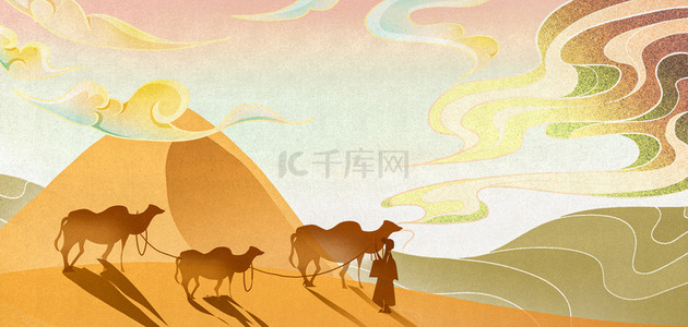 国风印象背景图片_敦煌沙漠骆驼渐变色中国风背景