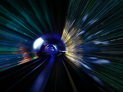 科技摄影照片_科技夜晚灯光隧道穿越摄影图配图