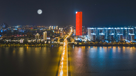 城市夜晚柳州文昌大桥夜景风光岸边无人机摄影图配图