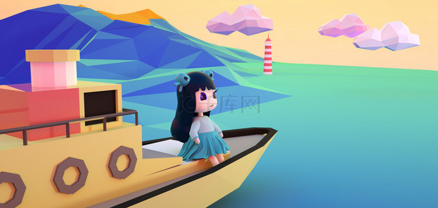 3D小女孩蓝色C4D背景