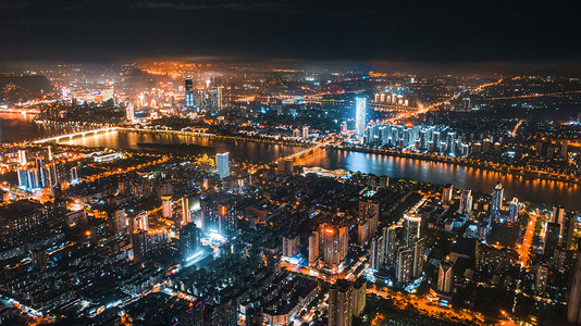 城市夜晚广西柳州城市风光夜景航拍岸边无人机摄影图配图