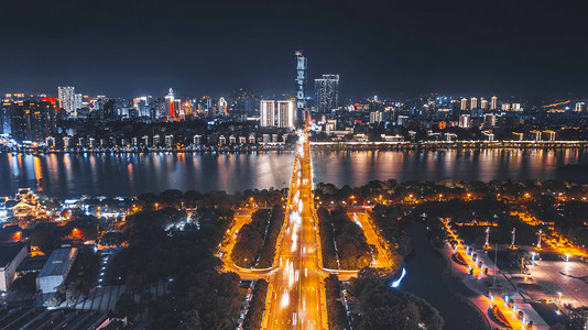 城市夜晚广西柳州文昌大桥全景风光岸边无人机摄影图配图