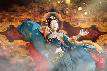 中国舞摄影照片_中国传统文化白天飞天美女室内飞天动作摄影图配图