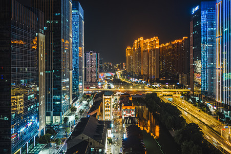 地标摄影照片_武汉城市建筑夜晚建筑楚河汉街俯拍摄影图配图