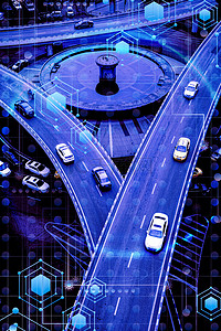 彩色汽车背景图片_智能驾驶城市汽车暗蓝科技背景
