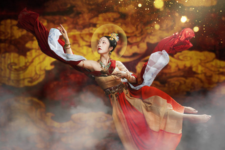 飞天文化白天飞天女人室内飞天动作摄影图配图