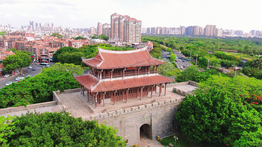 泉州洛伽寺摄影照片_航拍泉州古城门历史古建筑旅游景点