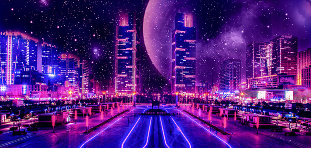 紫色星空背景图片_赛博朋克城市星空紫色科技背景