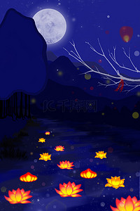 中元节灯背景图片_中元节的夜晚河里游着花灯广告背景