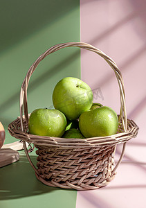 水果摄影照片_绿色水果白昼水果篮中的苹果室内阳光照射摄影图配图