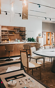 高端质感纹理背景摄影照片_室内家居装修开放式厨房餐厅摄影图配图