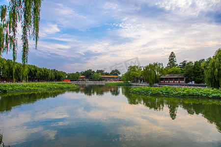 北京地标北海公园荷花夕阳摄影图配图