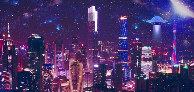 赛博朋克建筑背景图片_赛博朋克城市星空渐变科技背景