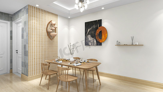 极简客厅木质餐桌设计摄影图配图