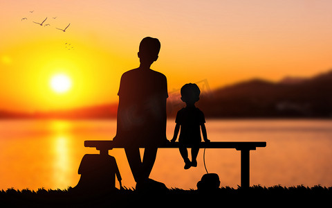 绚丽黄昏日落夕阳父子剪影父亲节儿童节