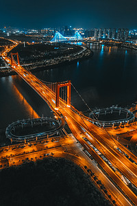 城市傍晚广西南宁良庆大桥风光航拍岸边无人机摄影图配图