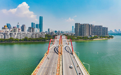 城市正午广西柳州文惠桥风光江边无人机摄影图配图