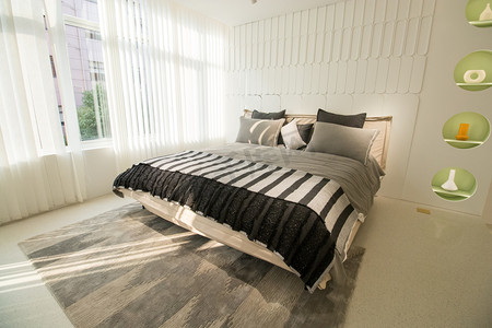 卧室装修装饰北欧风双人床摄影图配图