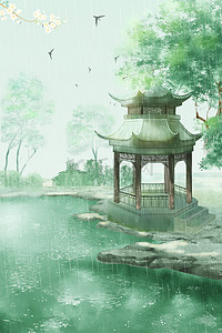 中国古韵背景图片_水墨亭子绿色中国风背景