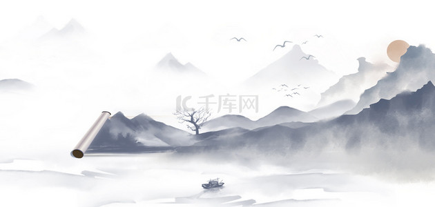 水背景图片_卷轴水墨山水灰系中国风山水画卷