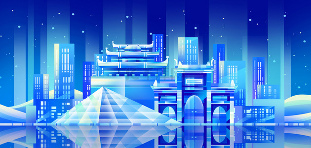 科技城市建筑渐变科技感背景图片_地标城市建筑地标蓝色扁平商务