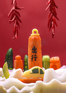 中国平安摄影照片_蔬果春节蔬果创意交通工具创意摄影图配图