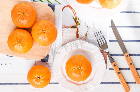 清新文艺秋天美味水果白昼橘子室内俯拍摄影图配图