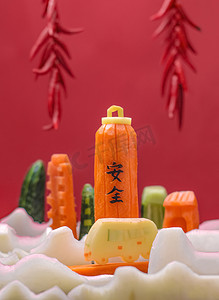 新年春运摄影照片_蔬菜春节蔬果创意交通工具蔬果雕刻摄影图配图