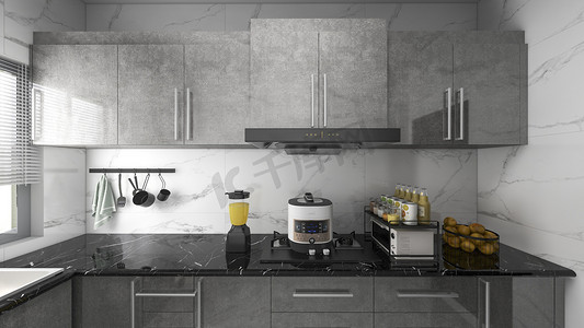 新中式质感摄影照片_室内现代简约厨房设计摄影图配图