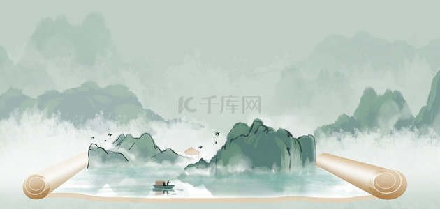 古风屋内背景图片_卷轴青山绿水绿色系中国风山水画卷