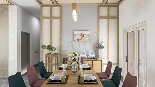 中式家具餐厅餐桌餐具摄影图配图