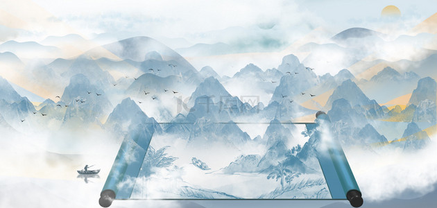 唯美山背景背景图片_卷轴云雾山水蓝色中国风水墨山水飞鸟风光