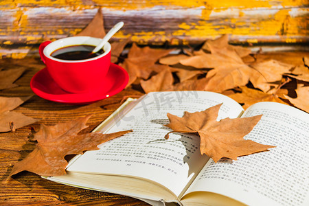 秋分早上树叶室内咖啡杯摄影图配图