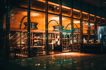 城市夜晚无人的餐厅背景摄影图配图