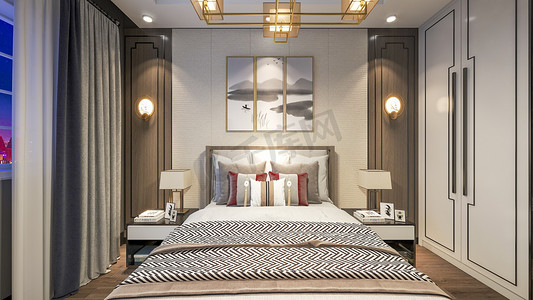 现代简约卧室大床设计摄影图配图