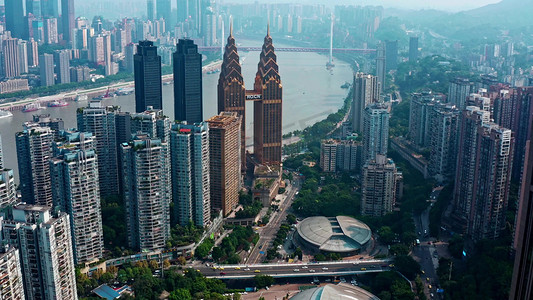 航拍重庆城市建筑群江南体育馆喜来登双子塔